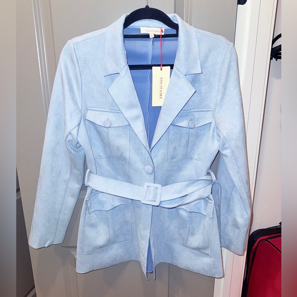 Solitaire Faux Suede Belted Jacket Blazer Baby Blue Size S NWT